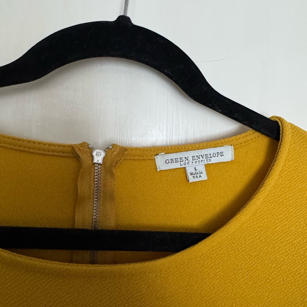Green Envelope L mustard yellow boat neck long sleeve textured 3/4 blouse - Picture 2 of 5